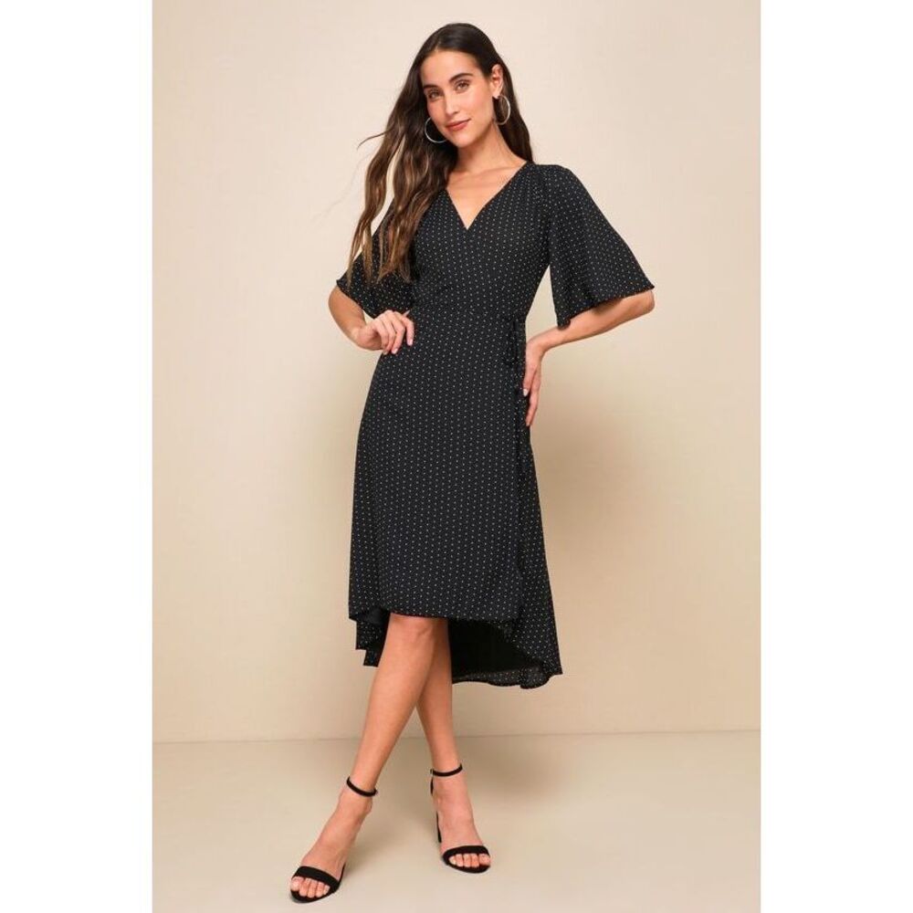 Lulus Farah Black Print Midi Wrap Dress - Size S